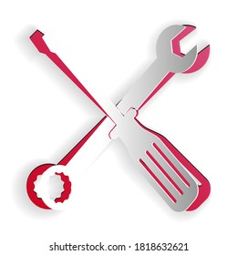 Paper cut Spanner and screwdriver tools icon isolated on white background. Service tool symbol. Paper art style. Vector.