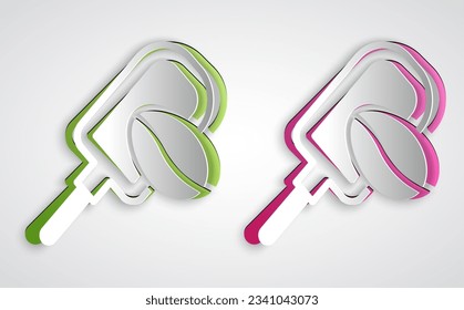 Paper cut Spatula with coffee grain icon isolated on grey background. Coffee beans. Paper art style. Vector