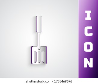 Paper cut Spatula icon isolated on grey background. Kitchen spatula icon. BBQ spatula sign. Barbecue and grill tool. Paper art style. Vector