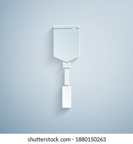 Paper cut Spatula icon isolated on grey background. Kitchen spatula icon. BBQ spatula sign. Barbecue and grill tool. Paper art style. Vector.