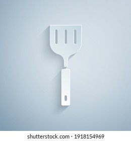Paper cut Spatula icon isolated on grey background. Kitchen spatula icon. BBQ spatula sign. Barbecue and grill tool. Paper art style. Vector.
