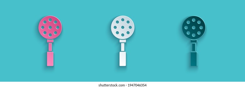 Paper cut Spatula icon isolated on blue background. Kitchen spatula icon. BBQ spatula sign. Barbecue and grill tool. Paper art style. Vector