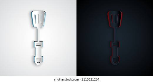 Paper cut Spatula icon isolated on grey and black background. Kitchen spatula icon. BBQ spatula sign. Barbecue and grill tool. Paper art style. Vector