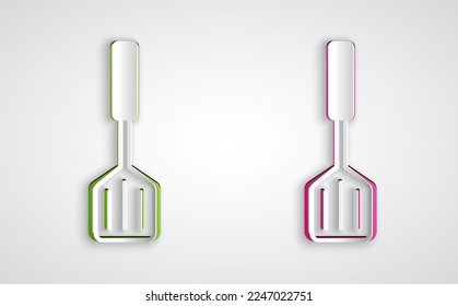 Paper cut Spatula icon isolated on grey background. Kitchen spatula icon. BBQ spatula sign. Barbecue and grill tool. Paper art style. Vector