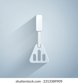 Paper cut Spatula icon isolated on grey background. Kitchen spatula icon. BBQ spatula sign. Barbecue and grill tool. Paper art style. Vector
