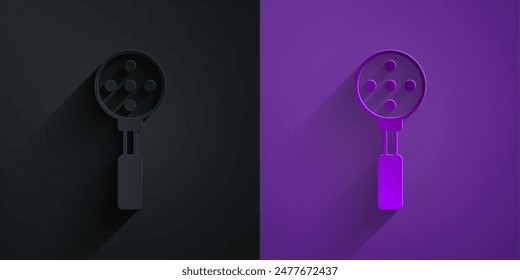 Paper cut Spatula icon isolated on black on purple background. Kitchen spatula icon. BBQ spatula sign. Barbecue and grill tool. Paper art style. Vector