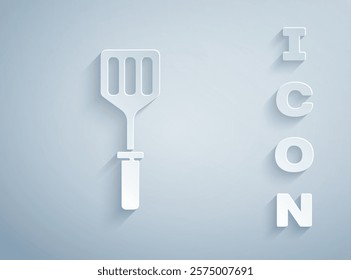 Paper cut Spatula icon isolated on grey background. Kitchen spatula icon. BBQ spatula sign. Barbecue and grill tool. Paper art style. Vector Illustration