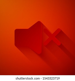 Paper cut Speaker mute icon isolated on red background. No sound icon. Volume Off symbol. Paper art style. Vector Illustration