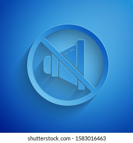 Paper cut Speaker mute icon isolated on blue background. No sound icon. Volume Off symbol. Paper art style. Vector Illustration
