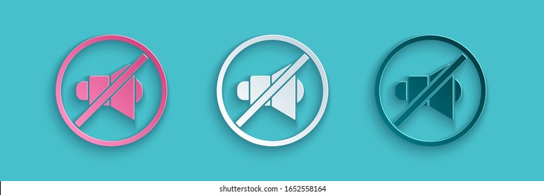 Paper cut Speaker mute icon isolated on blue background. No sound icon. Volume Off symbol. Paper art style. Vector Illustration