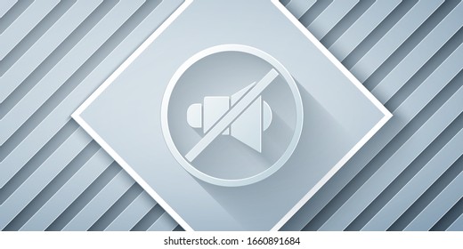 Paper cut Speaker mute icon isolated on grey background. No sound icon. Volume Off symbol. Paper art style. Vector Illustration