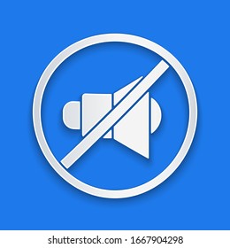 Paper cut Speaker mute icon isolated on blue background. No sound icon. Volume Off symbol. Paper art style. Vector Illustration