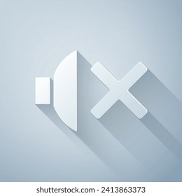 Paper cut Speaker mute icon isolated on grey background. No sound icon. Volume Off symbol. Paper art style. Vector Illustration