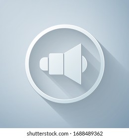 Paper cut Speaker volume, audio voice sound symbol, media music icon isolated on grey background. Paper art style. Vector Illustration