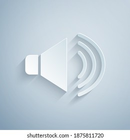 Paper cut Speaker volume, audio voice sound symbol, media music icon isolated on grey background. Paper art style. Vector.