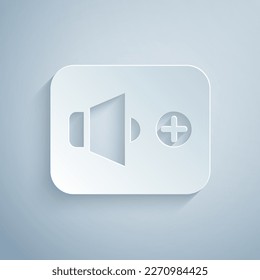 Paper cut Speaker volume, audio voice sound symbol, media music icon isolated on grey background. Paper art style. Vector