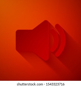 Paper cut Speaker volume icon - audio voice sound symbol, media music icon isolated on red background. Paper art style. Vector Illustration