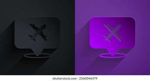 Paper cut Speech bubble with airplane travel icon isolated on black on purple background. Plane flight transport sign. Holidays symbol. Paper art style. Vector