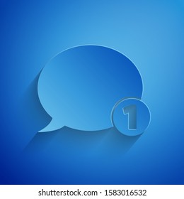 Paper cut Speech bubble chat icon isolated on blue background. Message icon. Communication or comment chat symbol. Paper art style. Vector Illustration