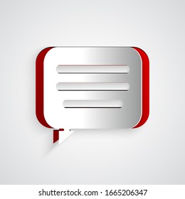 Paper cut Speech bubble chat icon isolated on grey background. Message icon. Communication or comment chat symbol. Paper art style. Vector Illustration