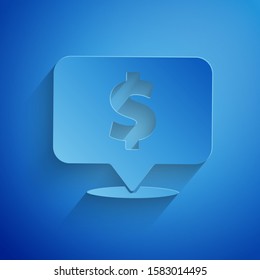 Paper cut Speech bubble with dollar icon isolated on blue background. Badge for price. Sale with dollar symbol. Promo tag discount. Paper art style. Vector Illustration