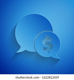 Paper cut Speech bubble with dollar icon isolated on blue background. Badge for price. Sale with dollar symbol. Promo tag discount. Paper art style. Vector Illustration