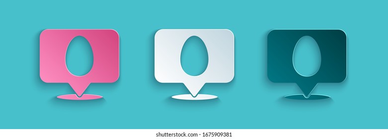 Paper cut Speech bubble with easter egg icon isolated on blue background. Happy Easter. Paper art style. Vector Illustration