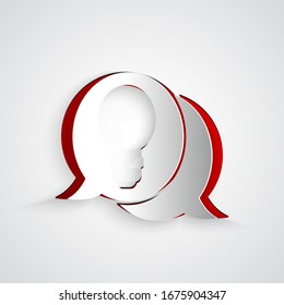 Paper cut Speech bubble and light bulb with concept of idea icon isolated on grey background. Energy and idea symbol. Paper art style. Vector Illustration