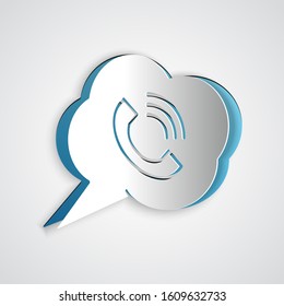 Paper cut Speech bubble with phone call icon isolated on grey background. Paper art style. Vector Illustration