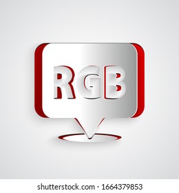 Paper cut Speech bubble with RGB and CMYK color mixing icon isolated on grey background. Paper art style. Vector Illustration