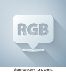 Paper cut Speech bubble with RGB and CMYK color mixing icon isolated on grey background. Paper art style. Vector Illustration