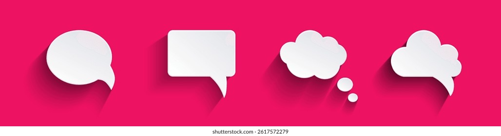 Paper cut speech bubble set with 3D effect. Chat communication cloud, text balloon dialog message. Think dialog frames with shadow