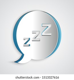 Paper cut Speech bubble with snoring icon isolated on grey background. Concept of sleeping, insomnia, alarm clock app, deep sleep, awakening. Paper art style. Vector Illustration
