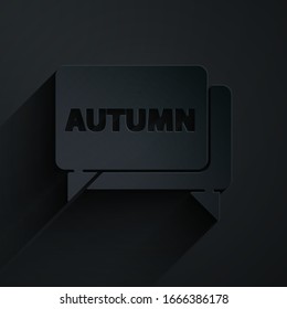 Bubble de voz de corte de papel con icono de otoño de texto aislado en fondo negro. Estilo de arte de papel. Ilustración vectorial