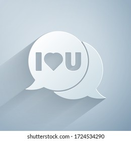 Paper cut Speech bubble with text I love you icon isolated on grey background. 8 March. International Happy Women Day. Paper art style. Vector Illustration
