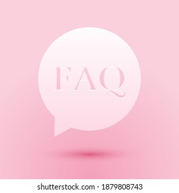 Paper cut Speech bubble with text FAQ information icon isolated on pink background. Circle button with text FAQ. Paper art style. Vector.