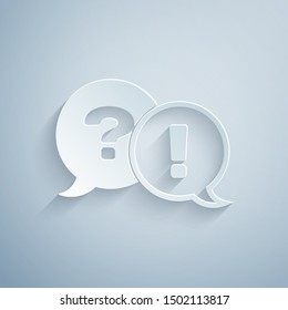 Paper cut Speech bubbles with Question and Exclamation icon isolated on grey background. FAQ sign. Copy files, chat speech bubble and chart. Paper art style. Vector Illustration