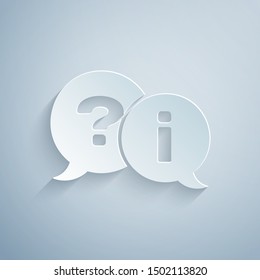 Paper cut Speech bubbles with Question and Exclamation icon isolated on grey background. FAQ sign. Copy files, chat speech bubble and chart. Paper art style. Vector Illustration