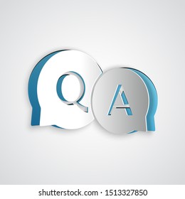Paper cut Speech bubbles with Question and Answer icon isolated on grey background. Q and A symbol. FAQ sign. Chat speech bubble and chart. Paper art style. Vector Illustration