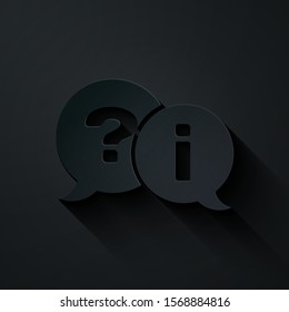 Paper cut Speech bubbles with Question and Exclamation icon isolated on black background. FAQ sign. Copy files, chat speech bubble and chart. Paper art style. Vector Illustration