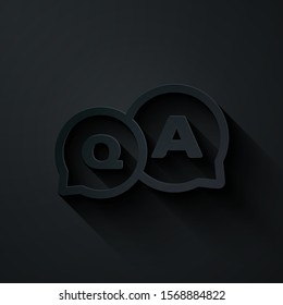 Paper cut Speech bubbles with Question and Answer icon isolated on black background. Q and A symbol. FAQ sign. Chat speech bubble and chart. Paper art style. Vector Illustration