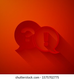 Paper cut Speech bubbles with Question and Exclamation icon isolated on red background. FAQ sign. Copy files, chat speech bubble and chart. Paper art style. Vector Illustration
