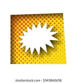 paper cut speech explosion bubble with smooth shadows in colorful box with halftone dots in pop art style