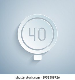 Paper cut Speed limit traffic sign 40 km icon isolated on grey background. Paper art style. Vector