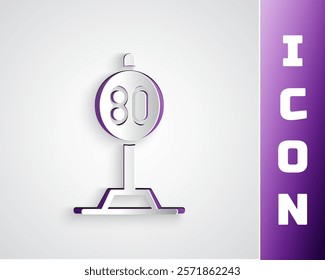 Paper cut Speed limit traffic sign 80 km icon isolated on grey background. Paper art style. Vector