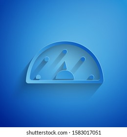 Paper cut Speedometer icon isolated on blue background. Paper art style. Vector Illustration