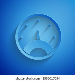 Paper cut Speedometer icon isolated on blue background. Paper art style. Vector Illustration