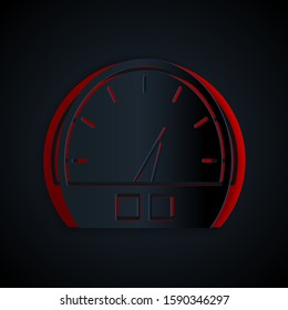Paper cut Speedometer icon isolated on black background. Paper art style. Vector Illustration