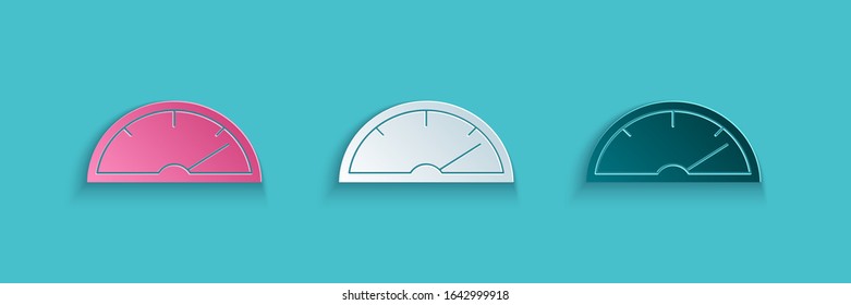 Paper cut Speedometer icon isolated on blue background. Paper art style. Vector Illustration