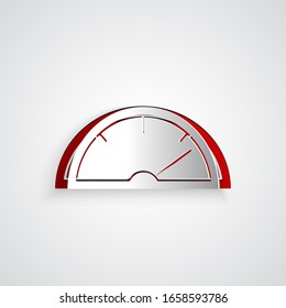 Paper cut Speedometer icon isolated on grey background. Paper art style. Vector Illustration